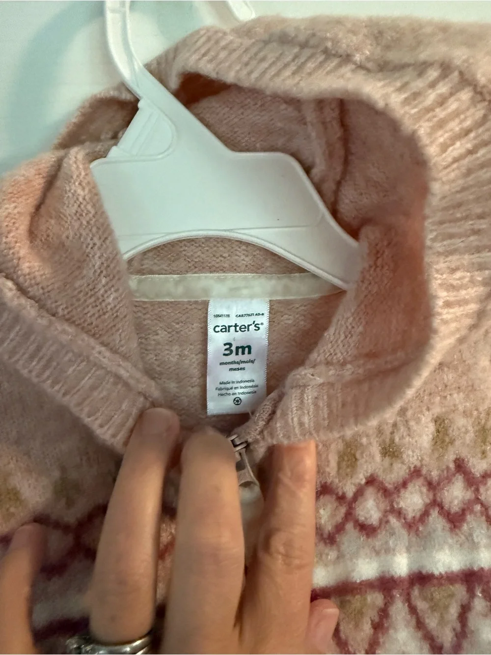 Carter's Pink Hooded Knit One-Piece with Fair Isle Accents